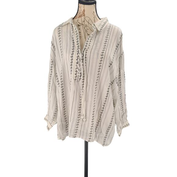Boho thread lace up y2k vibe bohemian shirt Size Large flowy office resort wear - Picture 1 of 6